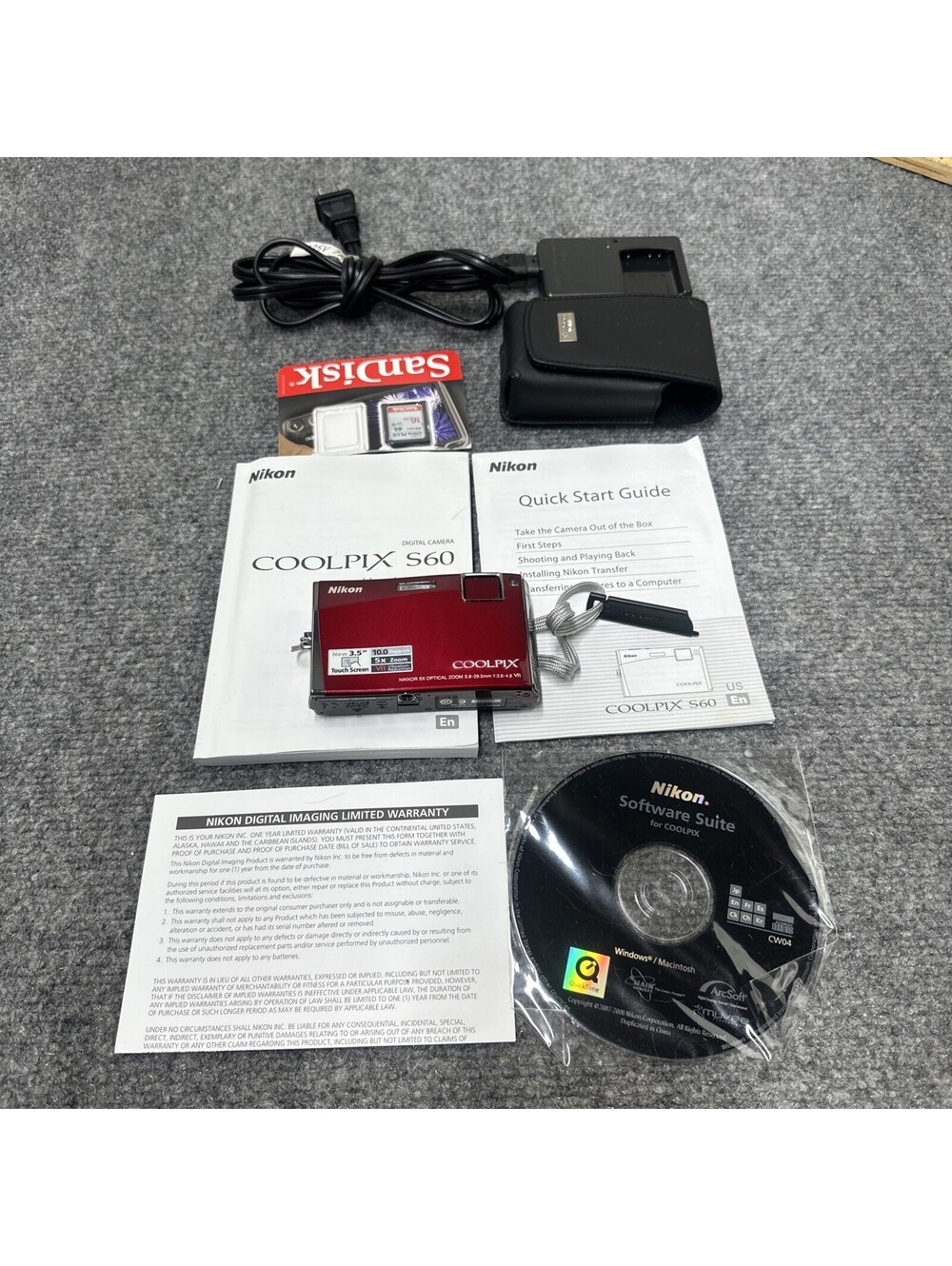 Nikon COOLPIX S60 Red Point & Shoot 10MP 5x Zoom 3.5" Touchscreen Case & Charger